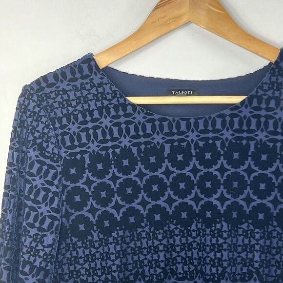 Talbot Navy Blue Burnout Velvet Blouse Size S Long Sleeve Damask - Picture 3 of 12